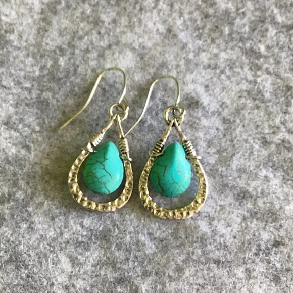 Silver and Turquoise Teardrop Earrings - Picture 3 of 5